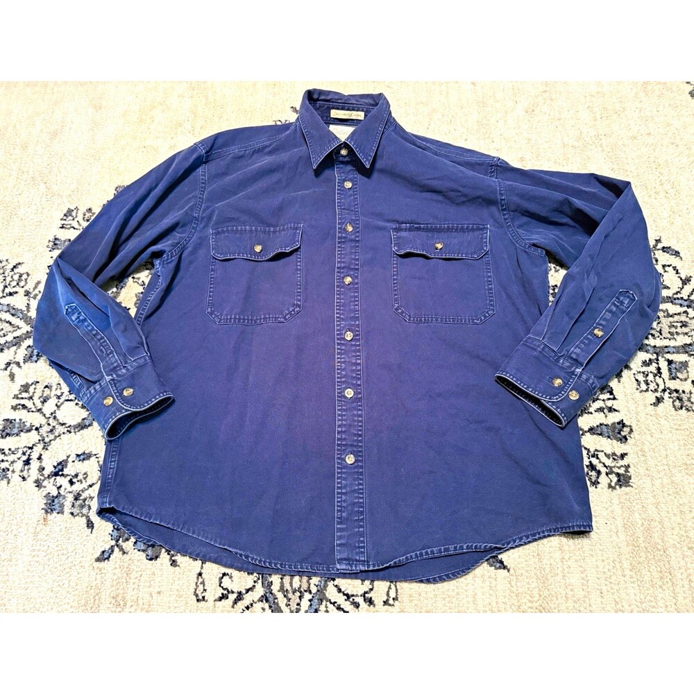 Cabela's Stonewash Canvas Men's Blue Solid LS Point Collar Shirt Pockets L